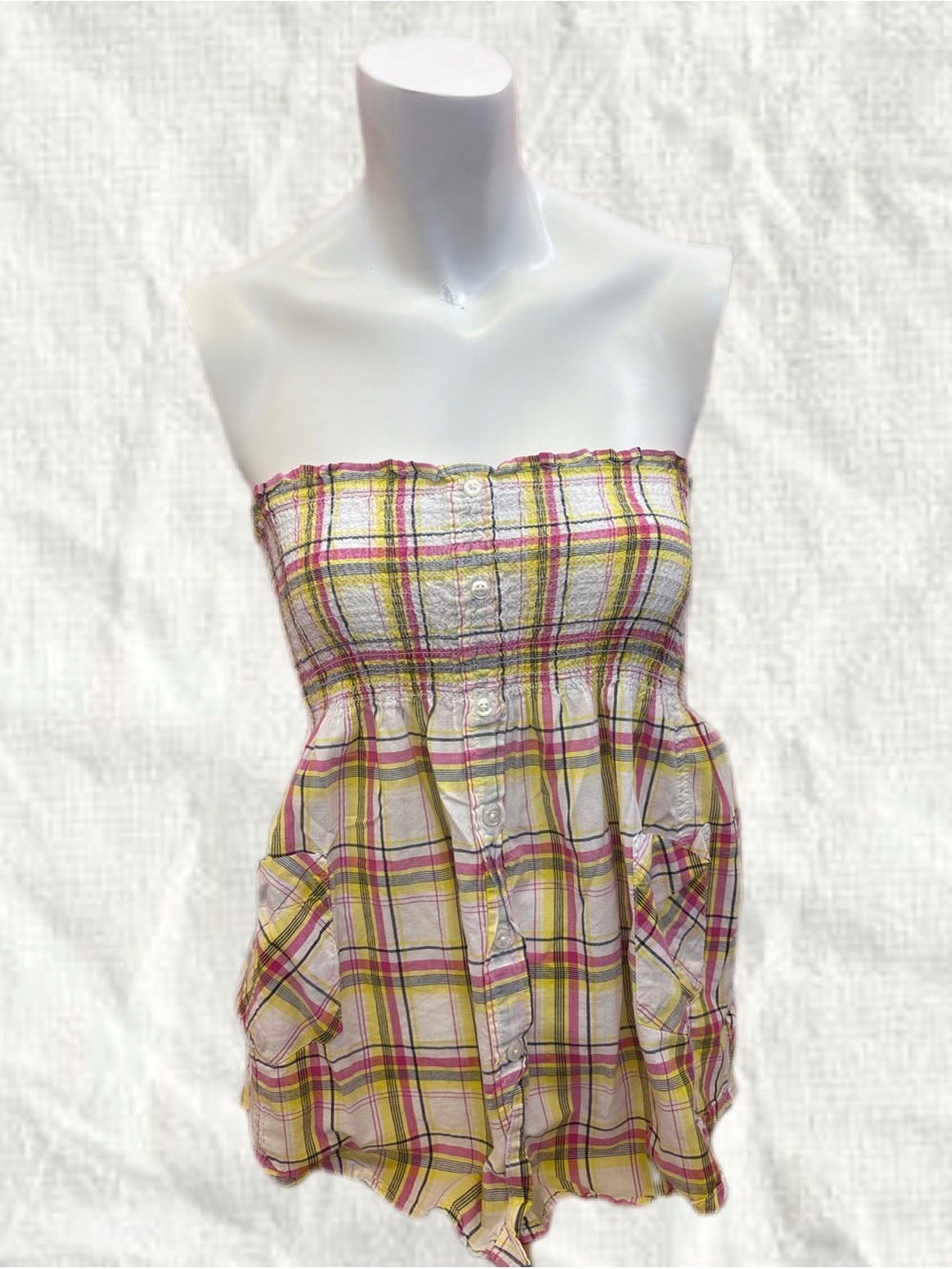 Y2K Strapless Plaid Tube Top in Pink, Yellow & White